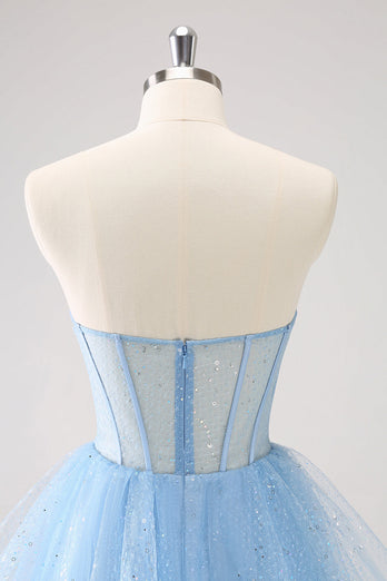 Sky Blue A Line Sweetheat Corset Tulle Graduation Dress with Sequins