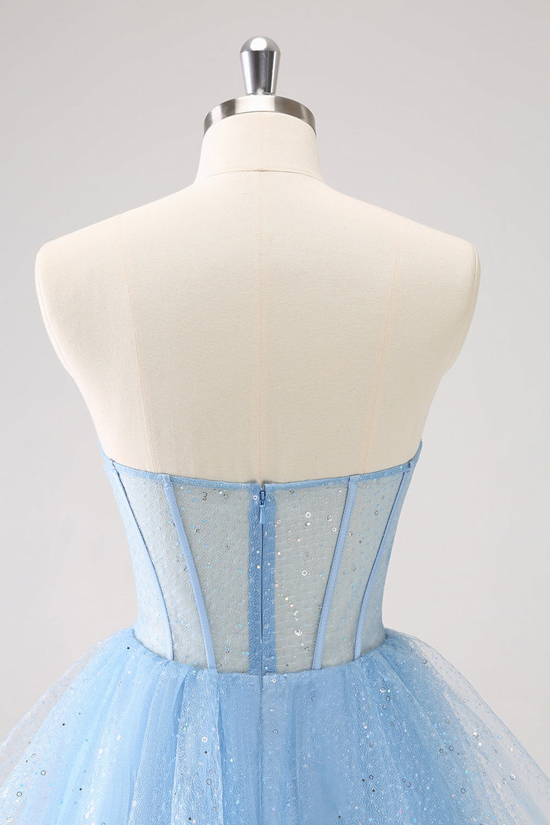 Load image into Gallery viewer, Sky Blue A Line Sweetheat Corset Tulle Graduation Dress with Sequins