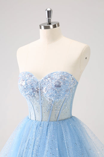 Sky Blue A Line Sweetheat Corset Tulle Graduation Dress with Sequins