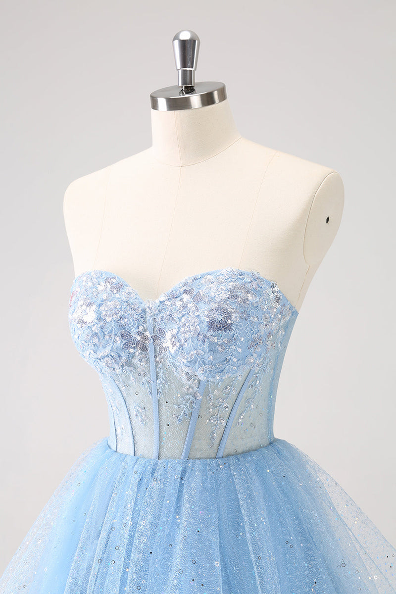 Load image into Gallery viewer, Sky Blue A Line Sweetheat Corset Tulle Graduation Dress with Sequins