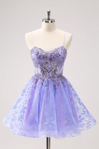 Sparkly Lilac A Line Spaghetti Straps Short Graduation Dress with Sequins