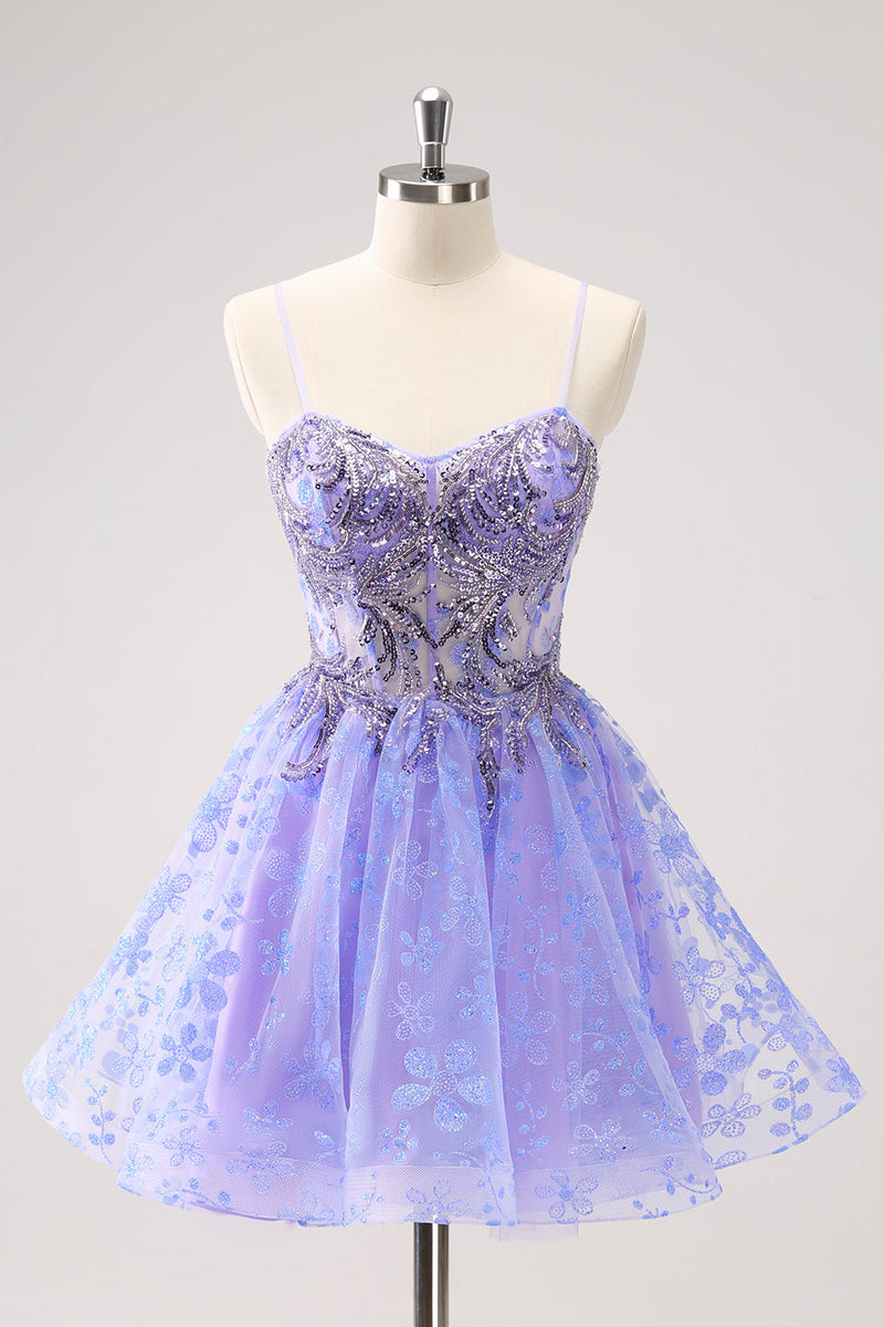 Load image into Gallery viewer, Sparkly Lilac A Line Spaghetti Straps Short Graduation Dress with Sequins