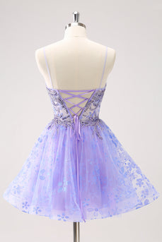 Sparkly Lilac A Line Spaghetti Straps Short Graduation Dress with Sequins