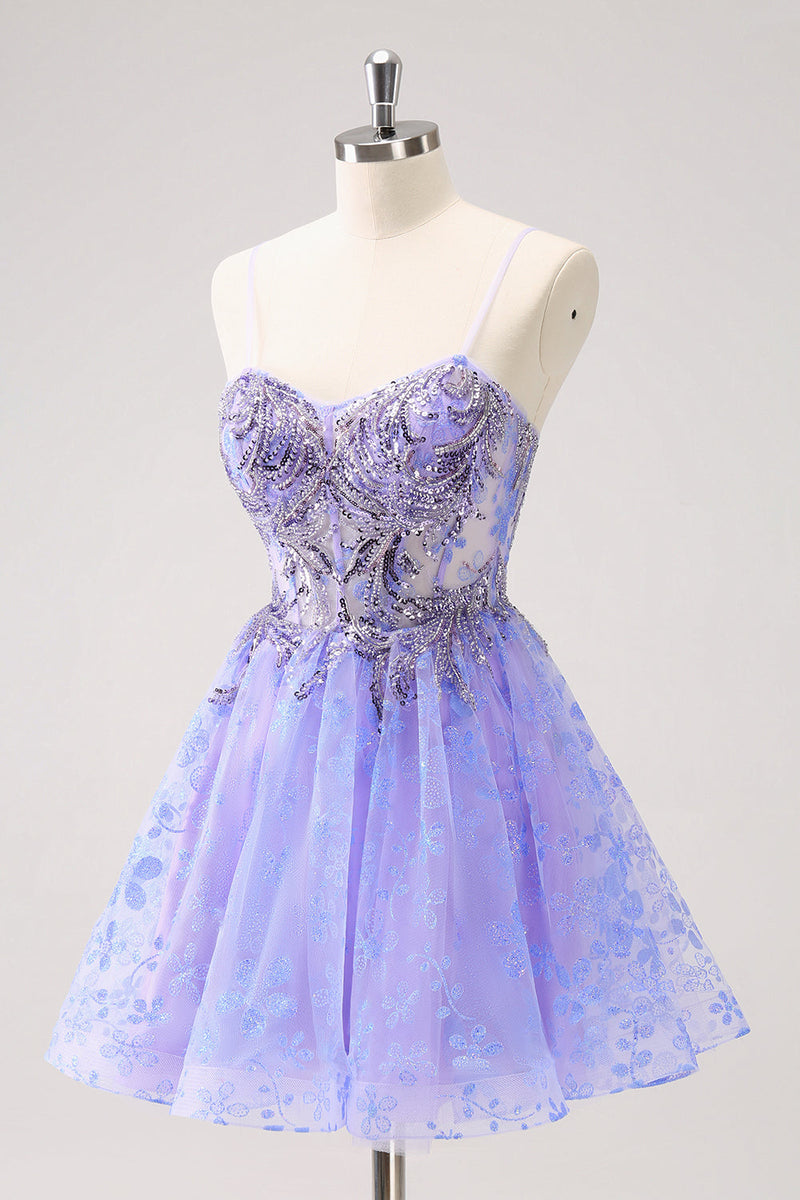 Load image into Gallery viewer, Sparkly Lilac A Line Spaghetti Straps Short Graduation Dress with Sequins