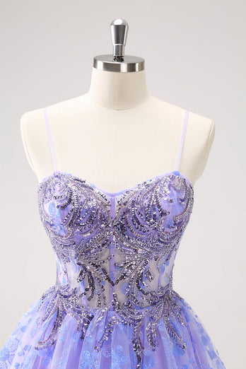 Sparkly Lilac A Line Spaghetti Straps Short Graduation Dress with Sequins