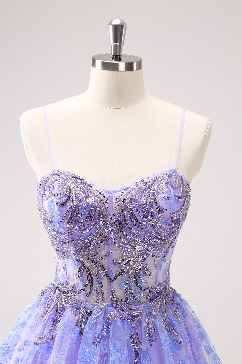 Load image into Gallery viewer, Sparkly Lilac A Line Spaghetti Straps Short Graduation Dress with Sequins