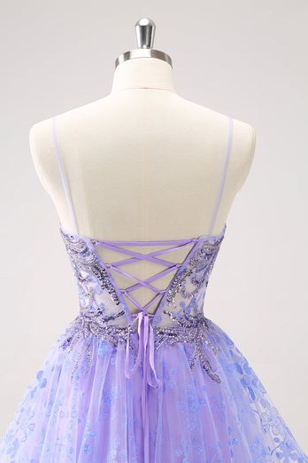 Sparkly Lilac A Line Spaghetti Straps Short Graduation Dress with Sequins