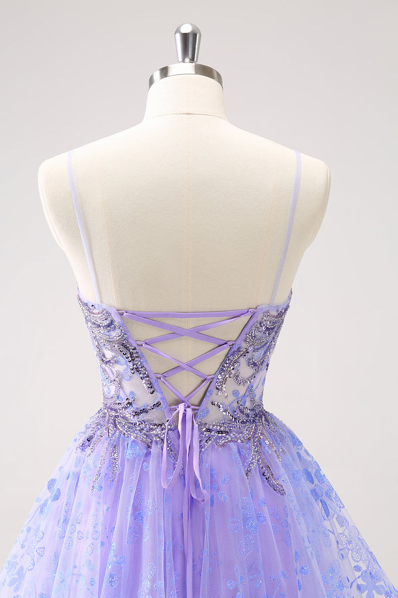 Load image into Gallery viewer, Sparkly Lilac A Line Spaghetti Straps Short Graduation Dress with Sequins