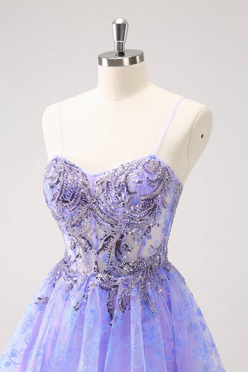 Sparkly Lilac A Line Spaghetti Straps Short Graduation Dress with Sequins