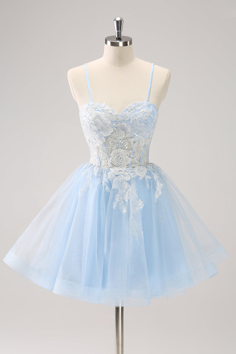 Load image into Gallery viewer, Blue A Line Spaghetti Straps Short Graduation Dress with Appliques