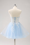 Blue A Line Spaghetti Straps Short Graduation Dress with Appliques
