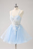 Load image into Gallery viewer, Blue A Line Spaghetti Straps Short Graduation Dress with Appliques