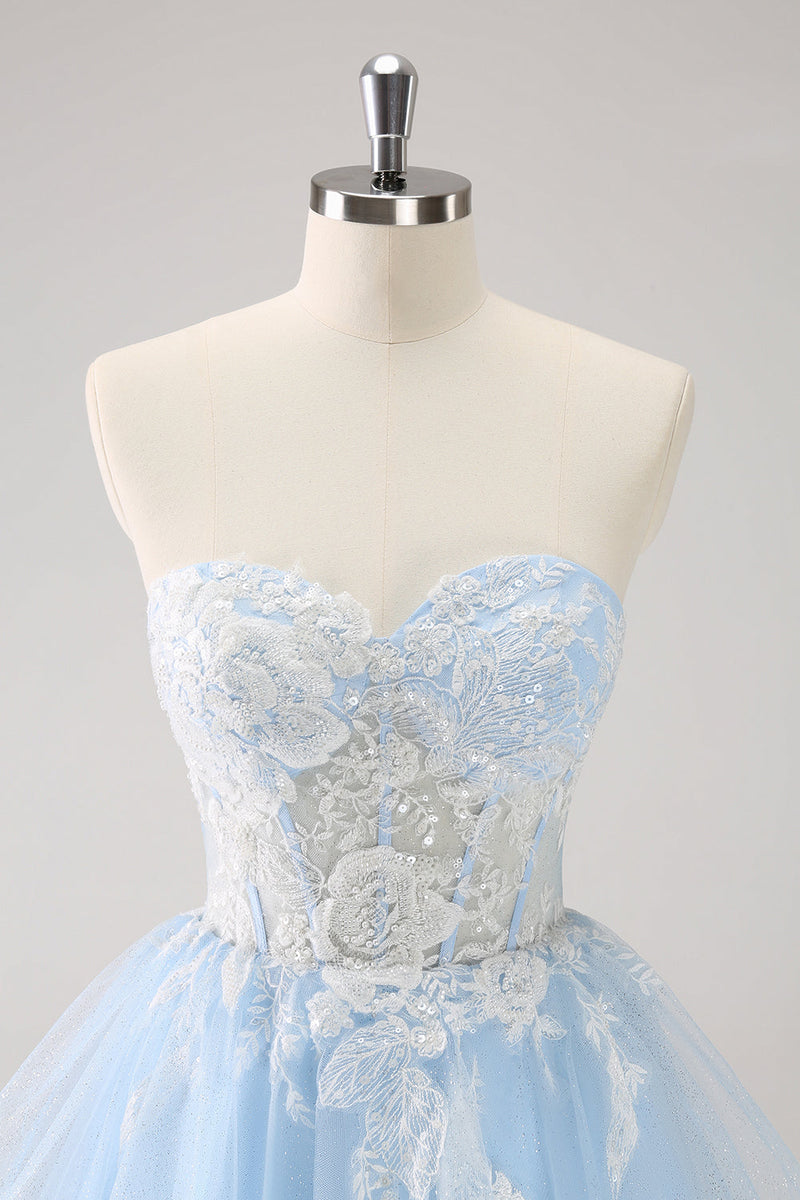 Load image into Gallery viewer, Blue A Line Spaghetti Straps Short Graduation Dress with Appliques