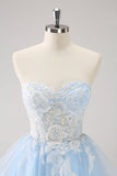 Blue A Line Spaghetti Straps Short Graduation Dress with Appliques