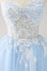 Load image into Gallery viewer, Blue A Line Spaghetti Straps Short Graduation Dress with Appliques