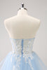 Load image into Gallery viewer, Blue A Line Spaghetti Straps Short Graduation Dress with Appliques