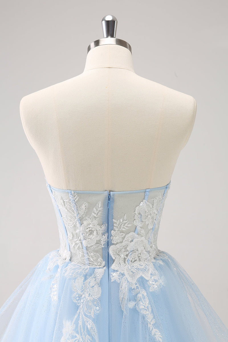 Load image into Gallery viewer, Blue A Line Spaghetti Straps Short Graduation Dress with Appliques