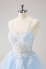 Load image into Gallery viewer, Blue A Line Spaghetti Straps Short Graduation Dress with Appliques