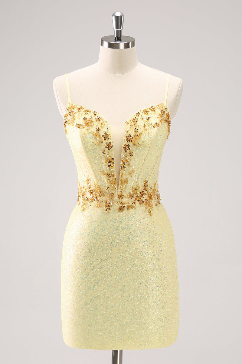 Load image into Gallery viewer, Sparkly Yellow Spaghetti Straps Tight Graduation Dress with Sequins