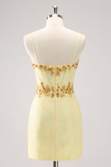 Sparkly Yellow Spaghetti Straps Tight Graduation Dress with Sequins