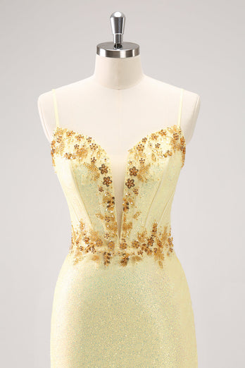 Sparkly Yellow Spaghetti Straps Tight Graduation Dress with Sequins