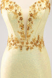 Sparkly Yellow Spaghetti Straps Tight Graduation Dress with Sequins