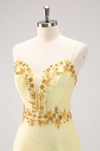 Sparkly Yellow Spaghetti Straps Tight Graduation Dress with Sequins