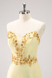 Sparkly Yellow Spaghetti Straps Tight Graduation Dress with Sequins