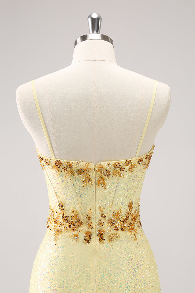 Load image into Gallery viewer, Sparkly Yellow Spaghetti Straps Tight Graduation Dress with Sequins