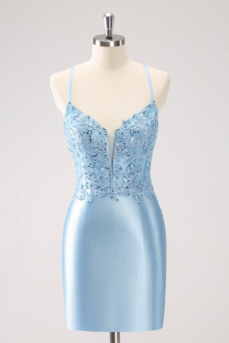 Load image into Gallery viewer, Blue Spaghetti Straps Tight Short Graduation Dress with Appliques