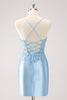 Load image into Gallery viewer, Blue Spaghetti Straps Tight Short Graduation Dress with Appliques