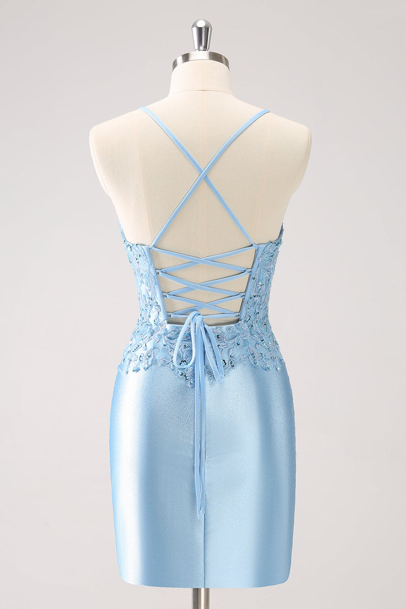 Load image into Gallery viewer, Blue Spaghetti Straps Tight Short Graduation Dress with Appliques