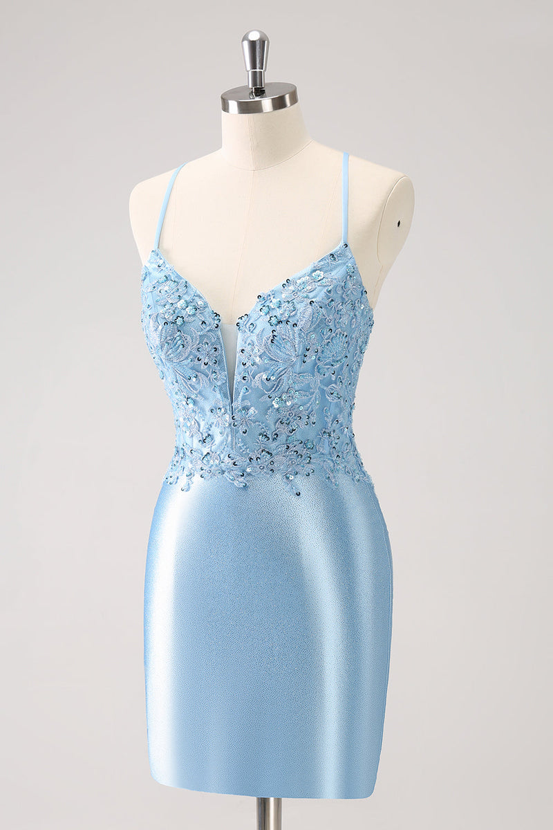 Load image into Gallery viewer, Blue Spaghetti Straps Tight Short Graduation Dress with Appliques