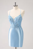 Blue Spaghetti Straps Tight Short Graduation Dress with Appliques