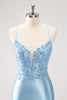 Load image into Gallery viewer, Blue Spaghetti Straps Tight Short Graduation Dress with Appliques