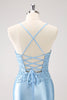 Load image into Gallery viewer, Blue Spaghetti Straps Tight Short Graduation Dress with Appliques