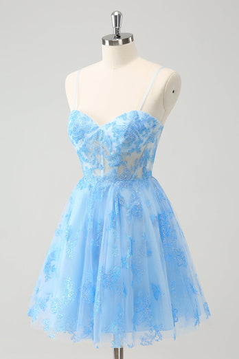 Blue A Line Spaghetti Straps Corset Glow In The Dark Graduation Dress