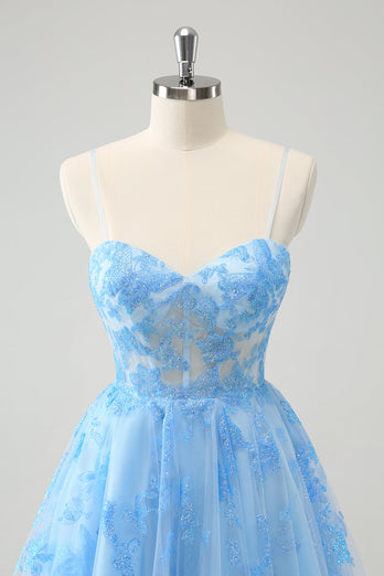 Blue A Line Spaghetti Straps Corset Glow In The Dark Graduation Dress