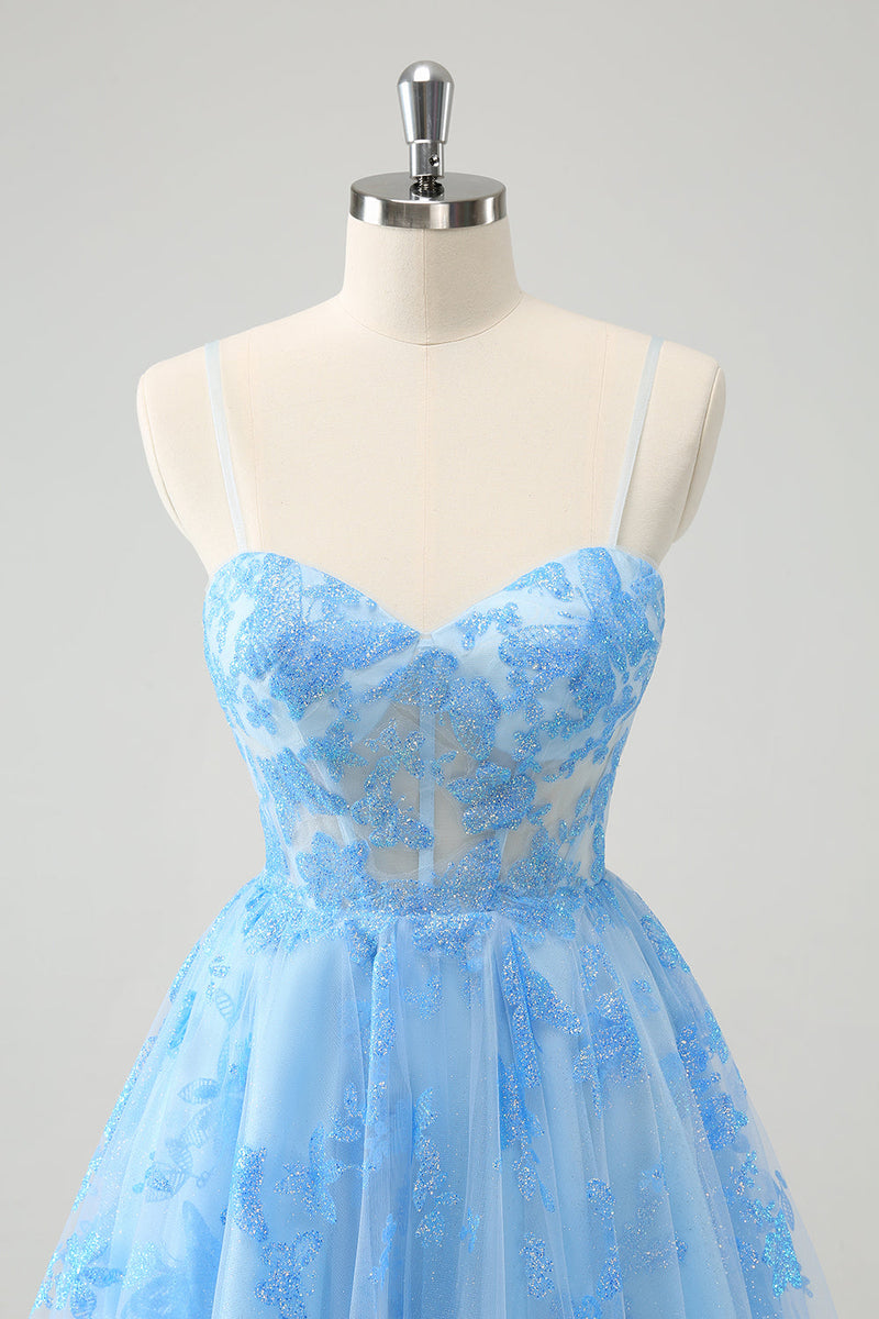 Load image into Gallery viewer, Blue A Line Spaghetti Straps Corset Glow In The Dark Graduation Dress