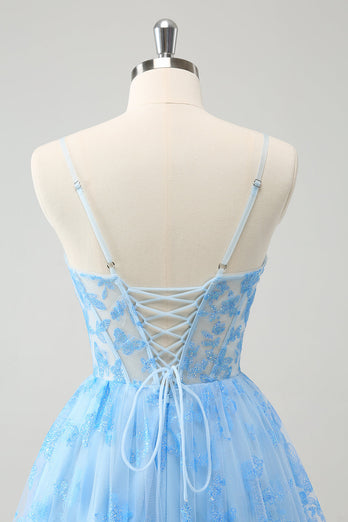 Blue A Line Spaghetti Straps Corset Glow In The Dark Graduation Dress