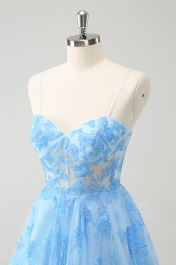 Blue A Line Spaghetti Straps Corset Glow In The Dark Graduation Dress