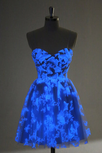 Blue A Line Spaghetti Straps Corset Glow In The Dark Graduation Dress