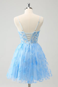 Blue A Line Spaghetti Straps Corset Glow In The Dark Graduation Dress