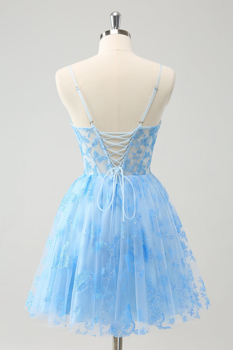 Load image into Gallery viewer, Blue A Line Spaghetti Straps Corset Glow In The Dark Graduation Dress