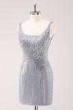 Sparkly Grey Square Neck Short Tight Graduation Dress with Sequins