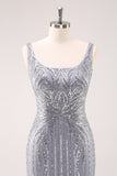 Sparkly Grey Square Neck Short Tight Graduation Dress with Sequins