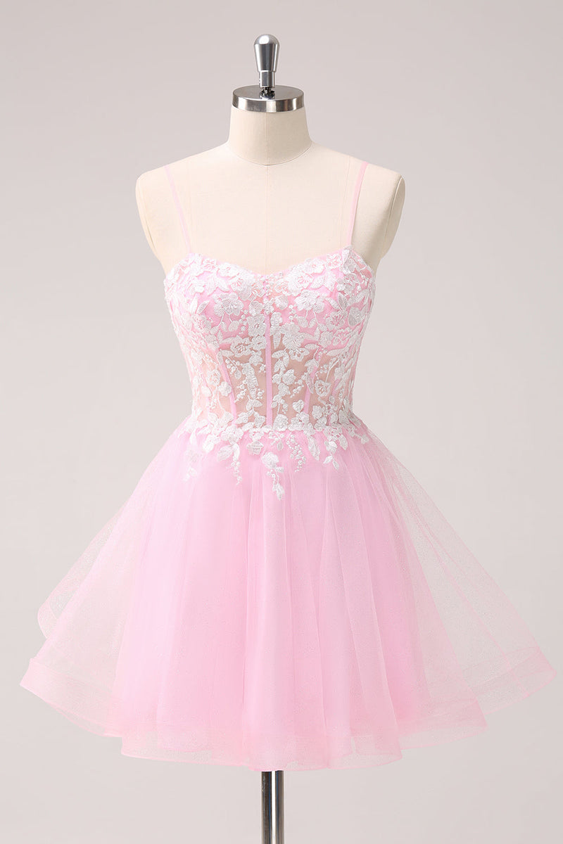 Load image into Gallery viewer, Pink A Line Spaghetti Straps Tulle Corset Graduation Dress with Appliques