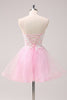 Load image into Gallery viewer, Pink A Line Spaghetti Straps Tulle Corset Graduation Dress with Appliques