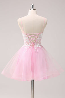 Pink A Line Spaghetti Straps Tulle Corset Graduation Dress with Appliques