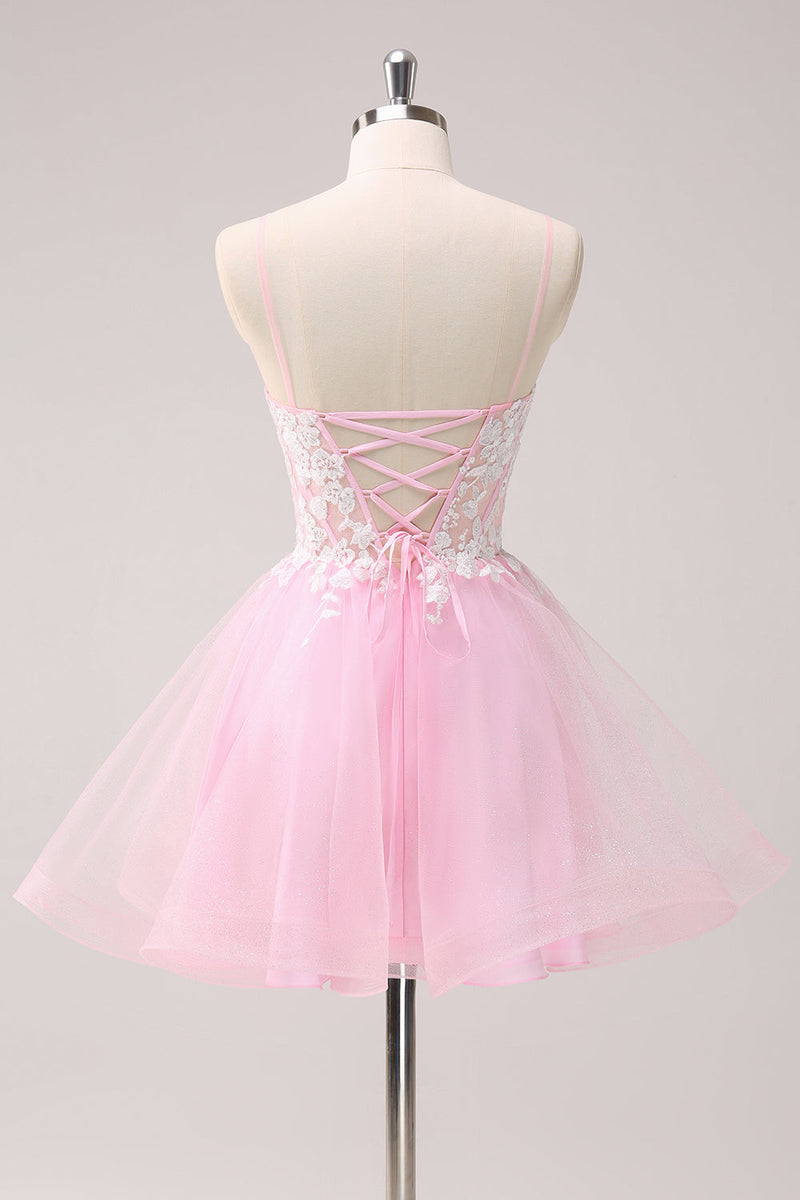 Load image into Gallery viewer, Pink A Line Spaghetti Straps Tulle Corset Graduation Dress with Appliques